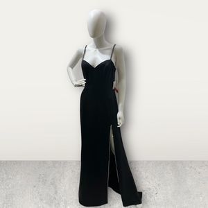 IEENA for Mac Duggal Black Slip Dress With Jeweled Straps and Jeweled Slit